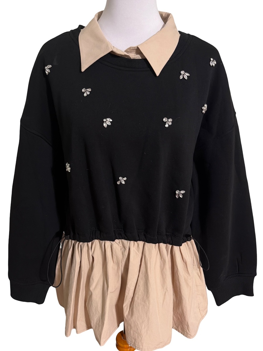 Anthropologie Black Sweater with Beige Shirt Hem- Oversized with waistband